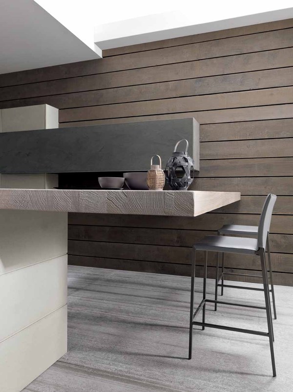 Ontbijtbar in moderne houten keuken met industriële uitstraling en betonlook - Modulnova Twenty Cemento