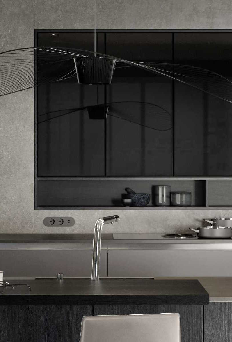 Bovenkasten van de Siematic PURE design keuken collectie ut de PURE Lifestyle met zwart getint glas en in een nis geintegreerde combinatie van schappen en bovenkasten #siematic #designkeuken