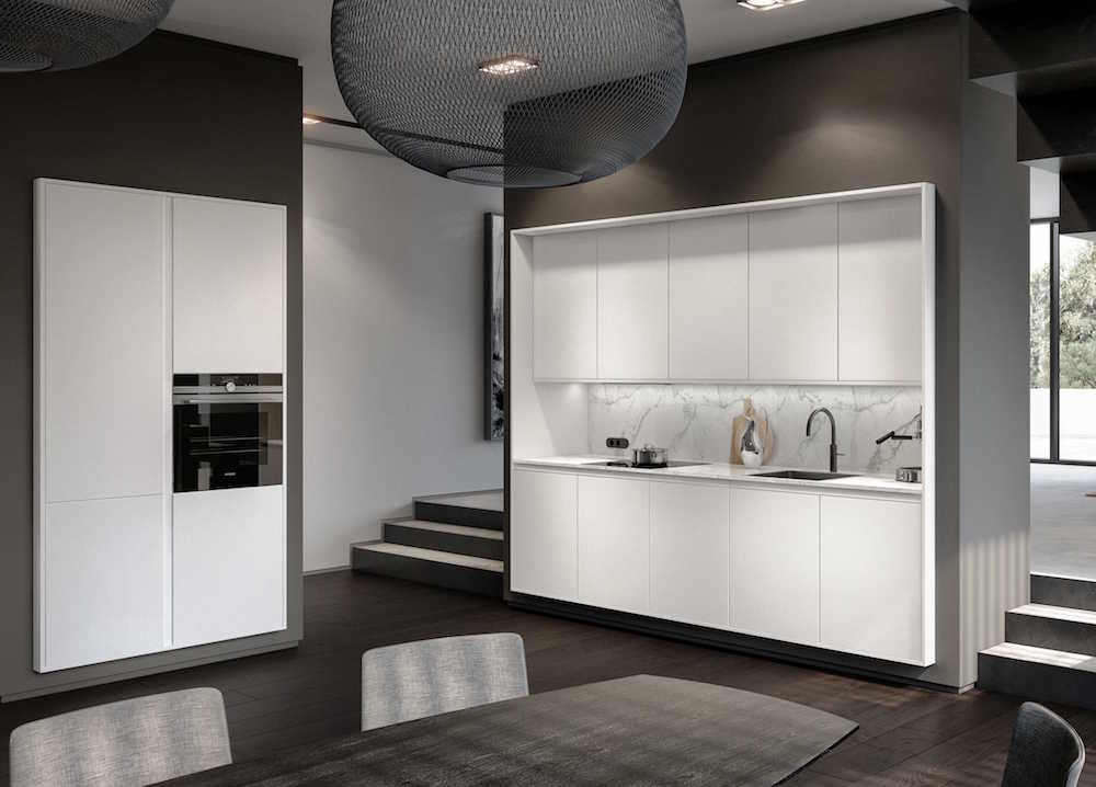 SieMatic keuken design in lotus wit. SieMatic Collection in de lifestyle Pure met werkblad van gemarmerd kwartscomposiet uit het StoneDesign programma #siematic #pure #keuken #keukendesign