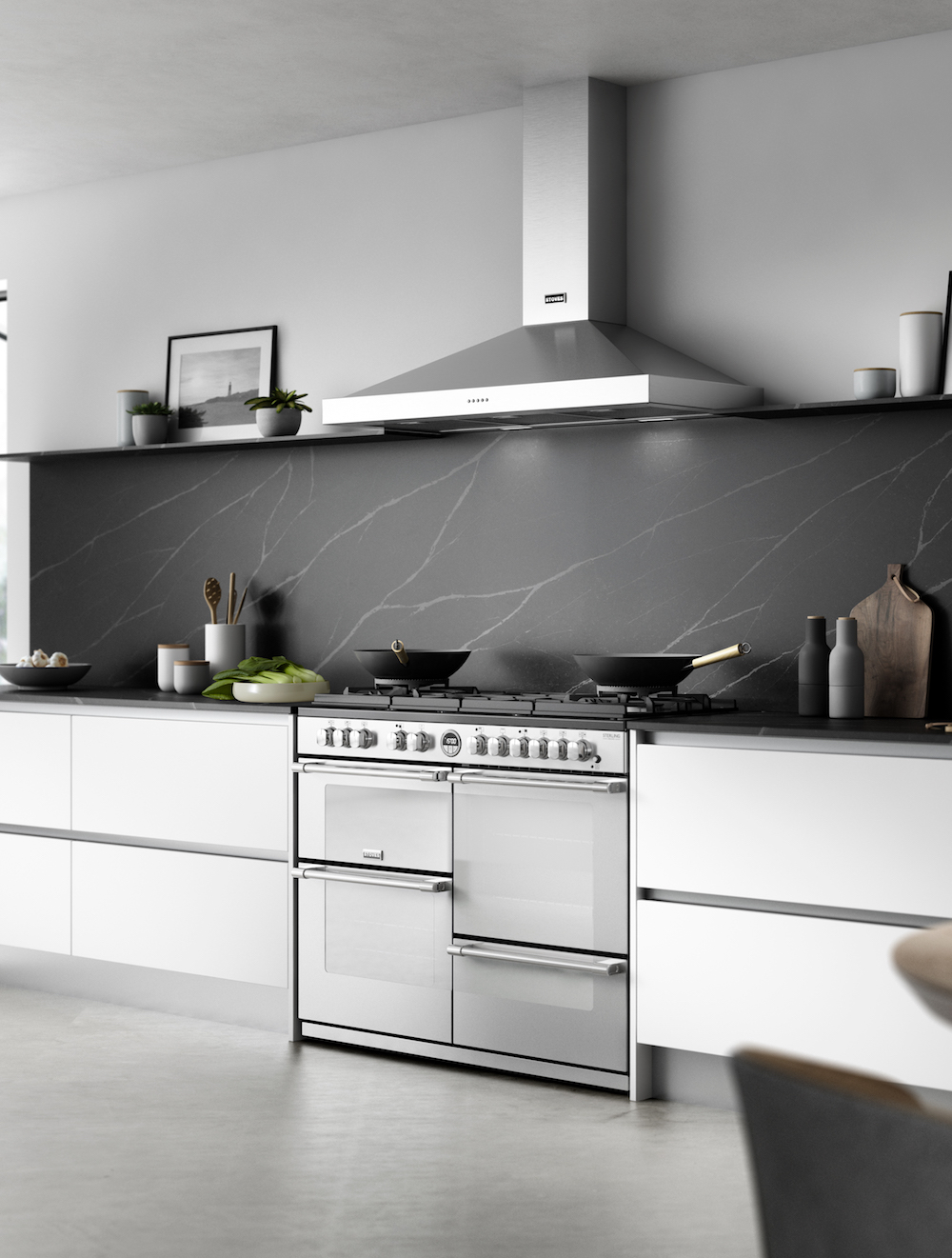 Stoves Sterling fornuis met afzuigkap met strakke uitstraling #stoves #fornuis #keuken #keukeninspiratie